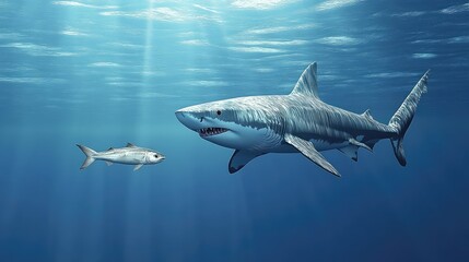 Fototapeta premium Predator shark catching a lone fish that strayed from its school in the vast ocean