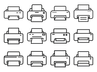 Bundle of Printer Icon Silhouettes in Minimal Line Style on White Background – Office and Technology Equipment Symbol Vector Collection