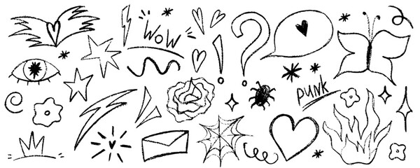 Doodle punk scribble set with heart, flower and butterfly. Sketch scribble doodle y2k punk element. Crayon vector hand drawn.