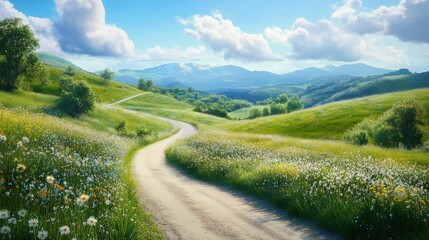 An attractive scenic meadow pathway road with beautiful nature views