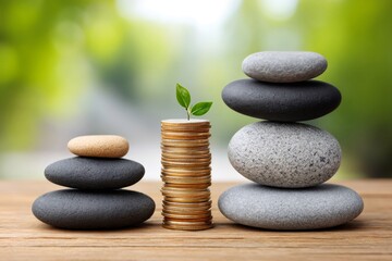 Plant growing on stacked coins between balancing stones representing investment growth