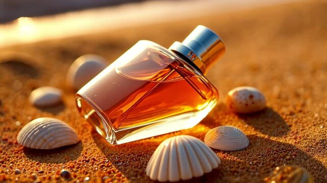 AI Generative Mockup Clear Glass Packaging Eau de Toilette and Perfume Bottle on background shells beach