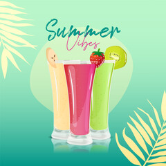 Three tall glasses filled with colorful smoothies are arranged in a row
