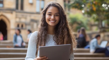 A beautiful young woman with long, curly hair is smiling and holding her laptop, standing on the steps of an old university building. 