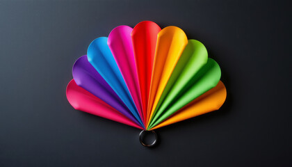 Colorful fan shaped like flower with vibrant petals on black background, bright and cheerful design for creative inspiration