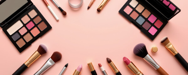 Stylized flatlay of cosmetic essentials including eyeshadow palettes, makeup brushes, and lipsticks on soft pink background