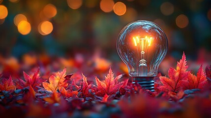 Warm autumn glow from a light bulb amidst fallen leaves