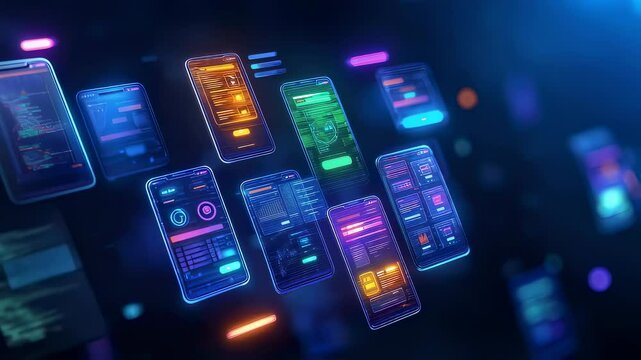 Multiple glowing smartphone screens with user interface elements floating in dark blue technological space. Holographic mobile app displays with colorful data visualizations and blurred background.