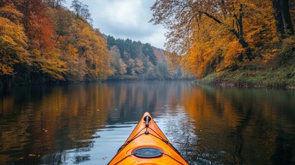 A yellow kayak paddles through the water surrounded by fall trees