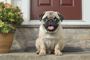 Pug puppy sitting on house steps, big expressive eyes and tongue slightly sticking out

