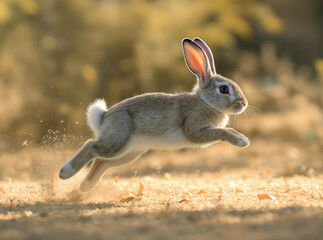 Rabbit jumping mid-air across a patch of sunlit carpet, captured in motion

