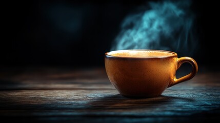Obraz premium Warm cup of coffee steaming on a rustic wooden table