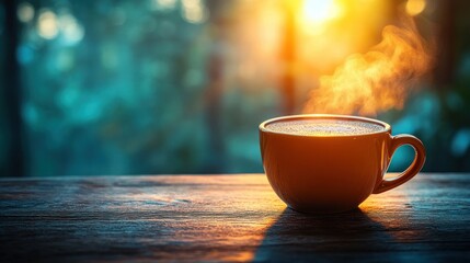 Fototapeta premium Warm coffee cup at sunrise