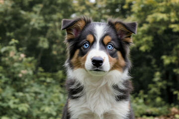Border collie puppy with bright eyes and flowing fur standing in front of a forest

