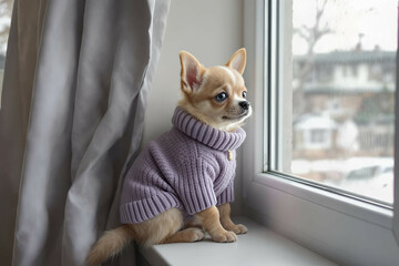 Chihuahua puppy wearing a cozy sweater, sitting on a windowsill looking out curiously

