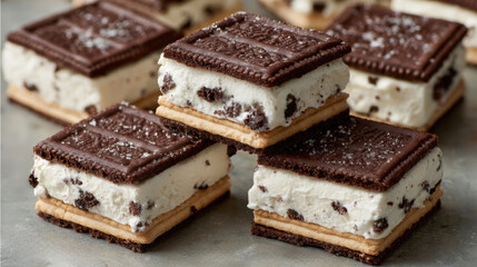 Delicious mini vanilla ice cream sandwich bites stacked with chocolate wafers and cookie pieces, perfect for sweet treat. Ice Cream Sandwich Day