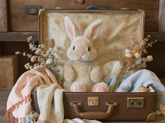 Fluffy rabbit sitting inside an open vintage suitcase with soft scarves and dried flowers

