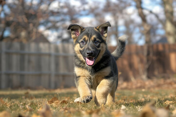 German shepherd puppy joyfully running in the yard, blurred trees and sky in the background

