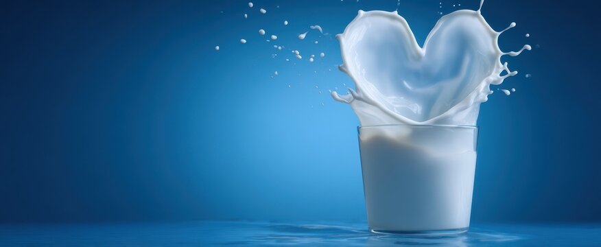 The heart-shaped splash of milk in a vibrant blue background