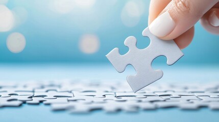 A jigsaw puzzle with the final piece being placed, representing completion, the fitting together of elements, and strategic problem-solving.