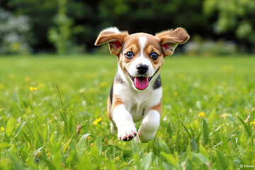 Happy beagle puppy jumping through grass, ears flapping in the wind, eyes full of joy