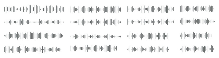 Obraz premium Podcast sound waves. Audio waveforms line icons, sound wave frequency or voice microphone signals. Music, podcast and broadcast, UI and audio branding design. Isolated vector set.