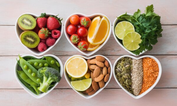 Heart Shaped Bowls with Fruits Vegetables Nuts and Seeds