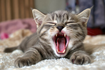 Macro photo of a gray kitten yawning widely while stretched out on a soft surface

