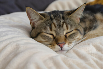 Macro photo of a tabby cat gently resting its head on a pillow, eyes half-closed, fur details sharp

