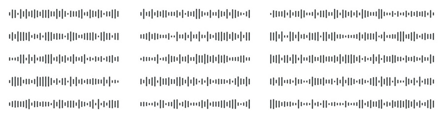 Podcast sound waves. Audio waveforms line icons, sound wave frequency or voice microphone signals. Music, podcast and broadcast, UI and audio branding design. Isolated vector set.