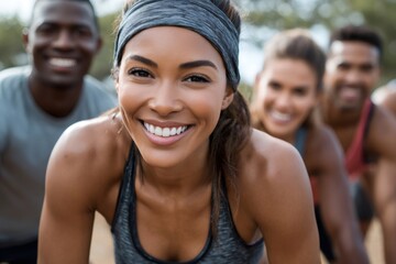 Group of athletes smiling and preparing for a race outdoors