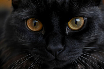 Macro portrait of a black cat with prominent whiskers and glossy eyes

