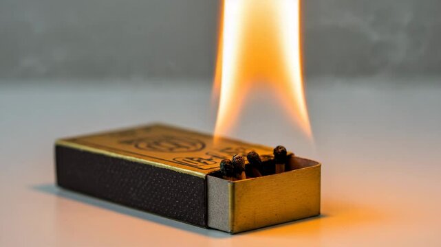 Matchbox igniting with flames against a neutral background
