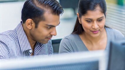 Two professionals exchanging ideas while reviewing data on computer screen


