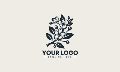 Cherry blossom tree with falling pink petals in springtime garden vector logo illustration design