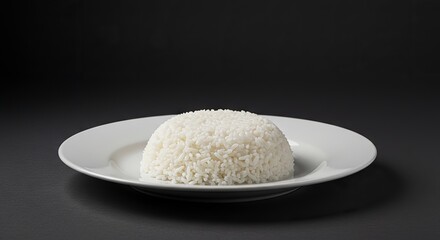 White cooked rice molded on a clean round white plate against a neutral gray backdrop