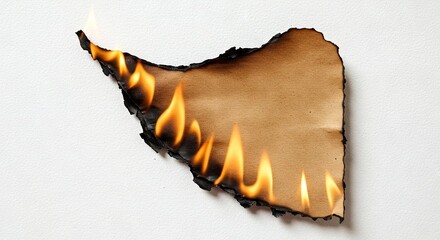 A piece of brown paper with a charred burnt edge is consumed by bright yellow flames on a white surface