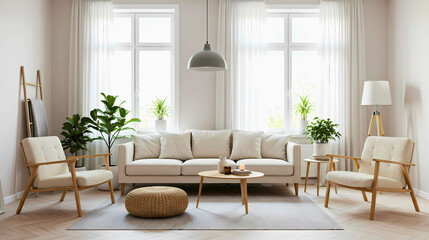 Fototapeta premium Modern living room with natural light, Scandinavian-style furniture, indoor plants, and neutral tones. Cozy, minimalist, and elegant interior design.