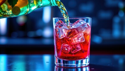 Close Up of Hibiscus Beverage Being Poured Over Ice Cubes in a Clear Glass at a Modern Bar