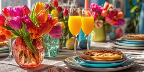 Obraz premium Colorful Easter Brunch with Waffles, Mimosas, and Tulips Celebration