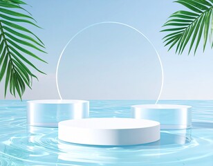Fototapeta premium Summer, holiday product, cosmetic background with palm leaves, beach, sand water and podium