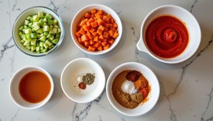 Arrangement of Fresh Vegetables and Spices in Bowls on a Marble Surface for Cooking Preparation