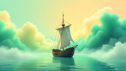 Obraz premium Sailing into a Dreamlike Sea of Pastel Clouds A Digital Art Piece