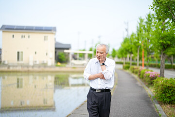 In rural Japan, a Japanese man in his late 70s walks along a farm road surrounded by wide rice...