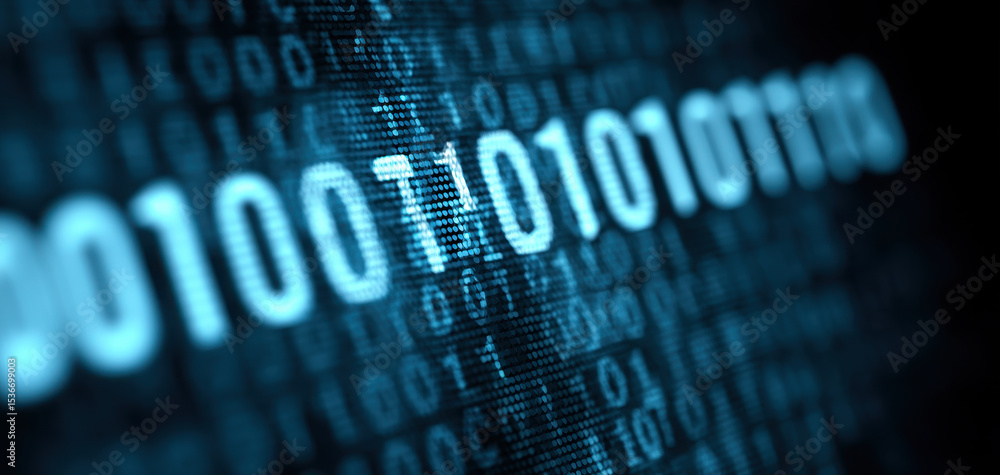 Poster binary code on digital screen represents cyber data and online security for insurance and businesses