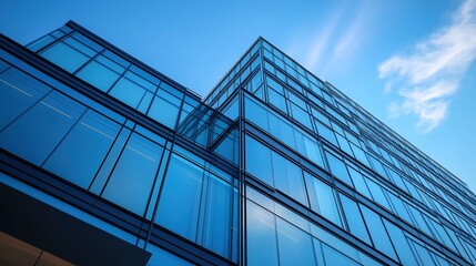Obraz premium Modern glass office tower with clean lines in a business district, symbolizing professionalism and urban sophistication