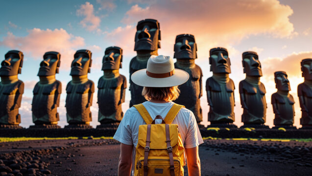 A traveler stands before the majestic Moai statues on Easter Island at sunset.