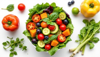 Colorful Fresh Salad Bowl with Cherry Tomatoes, Cucumbers, and Mixed Greens on White Background