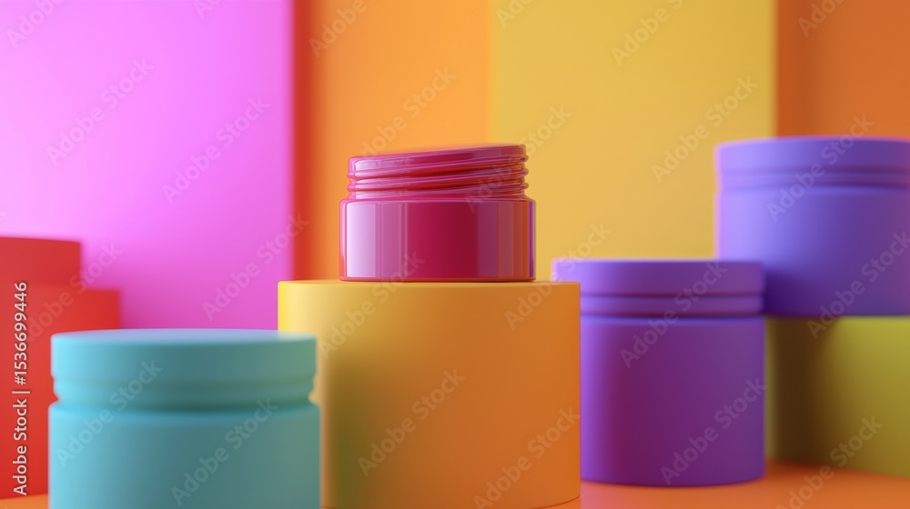 Aufkleber stacked colorful cylindrical containers on geometric block background showcasing abstract packaging 