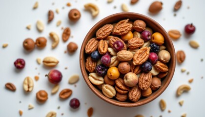 Colorful Assortment of Nuts and Dried Fruits in a Bowl on White Background